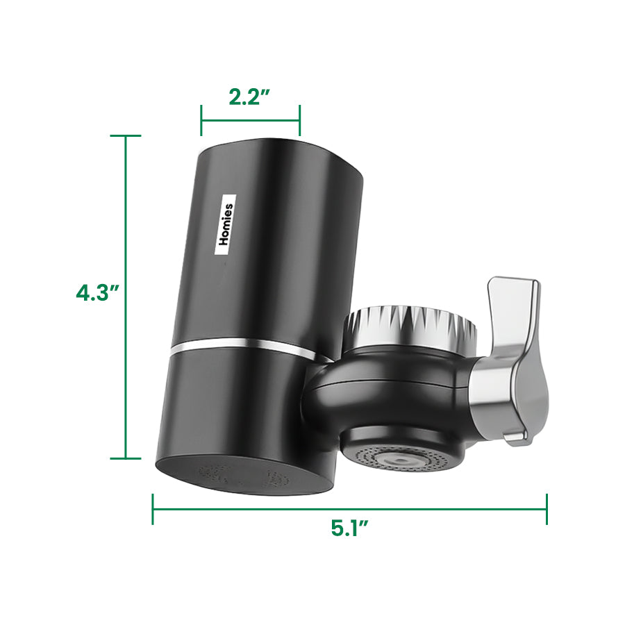 Black kitchen faucet with dimensions labeled on a white background