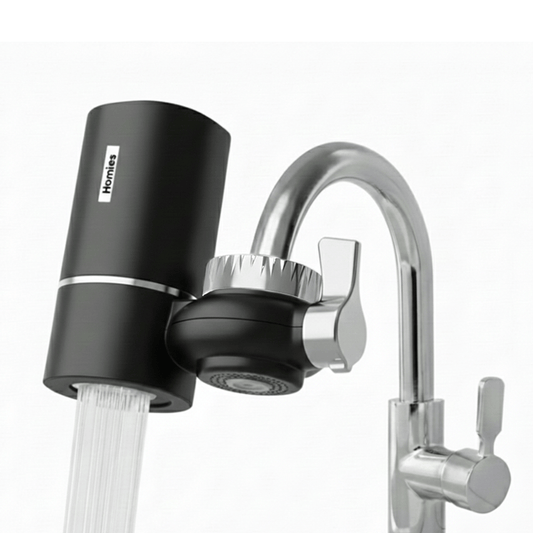 Black faucet filter attached to a silver kitchen faucet on a white background